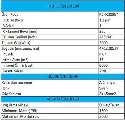 RCH-2000/4 İNFRARED ISITICI Su Geçirmez Uzaktan Kumandalı Elektrikli Isıtıcı görsel 5